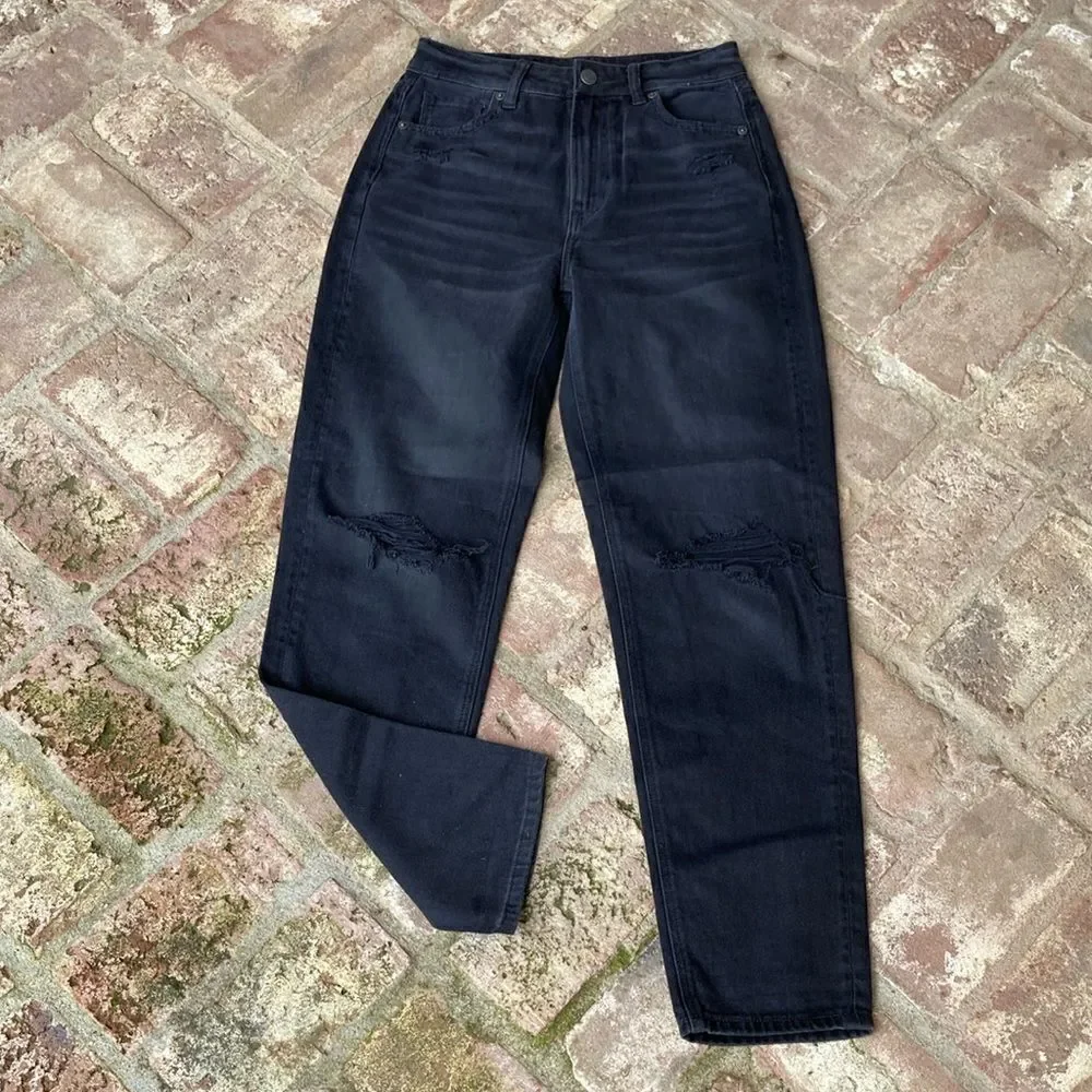 American Eagle Outfitters Distressed Mom Straight Jeans Wash Black Size 0